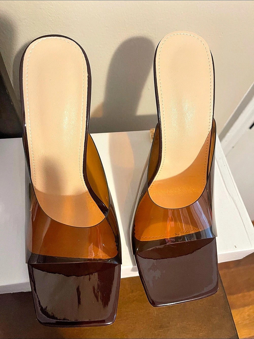 Brown Translucent Square-Toe Heels